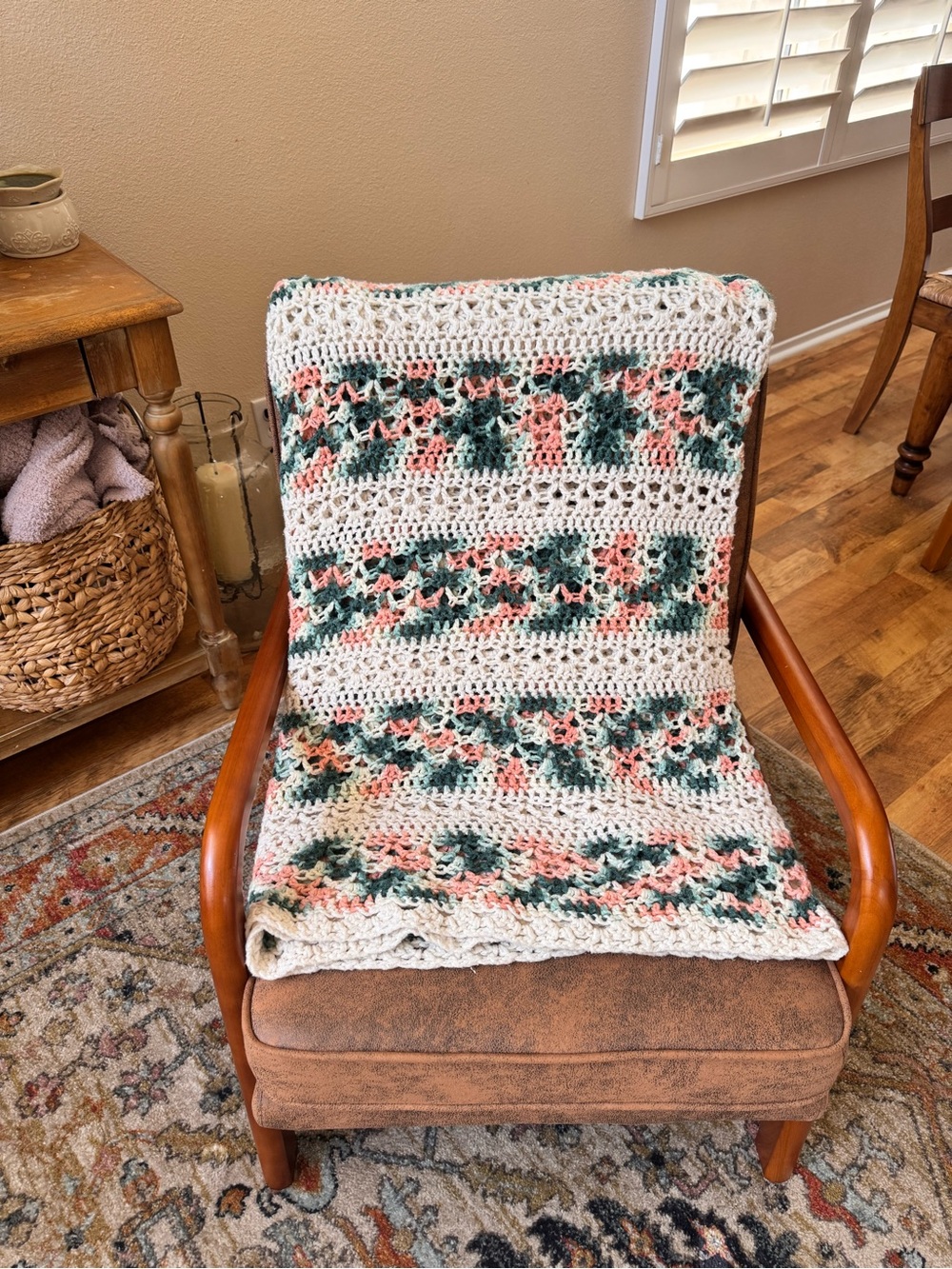 XL Handmade Crochet Afghan 48x86 Cream Peach Green Cottagecore Blanket Throw